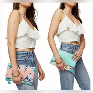 Anthropologie Rachel Pally Coral Blue Plant Print Fold Over Zipper Clutch EUC